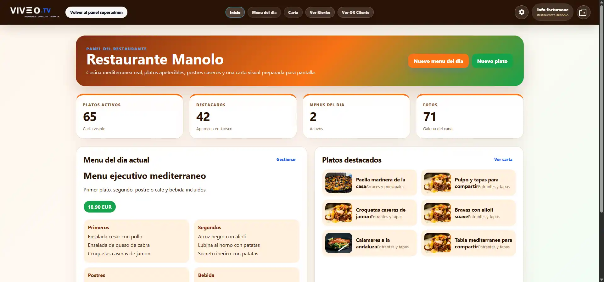 Panel de gestión de restaurante en VIVEOTV