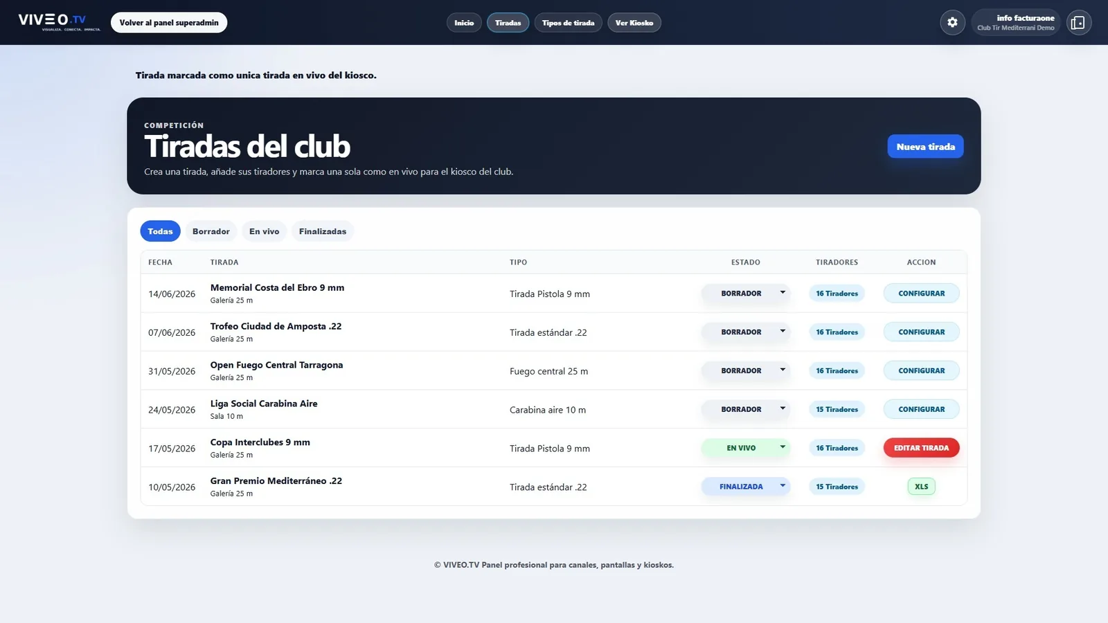 Panel de gestión de tiradas para club de tiro en VIVEOTV
