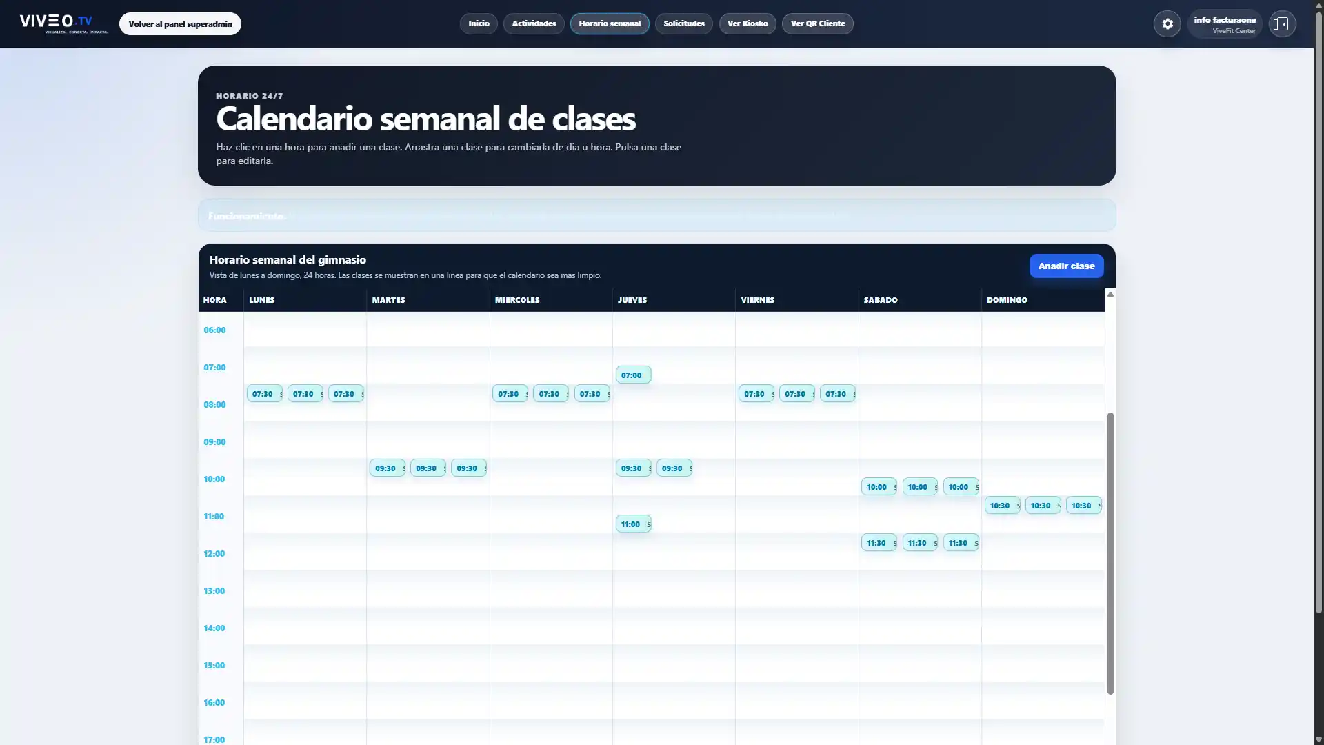 Panel de horario semanal para gimnasio en VIVEOTV